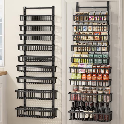 POKIPO 9 Tier Over The Door Pantry Organizer, 2 in 1 Wall Mount or Hanging Spice Rack with Adjustable Deep Basket, Heavy-Duty Seasoning Organizer and Storage for Kitchen Cabinet Closet Bathroom - color: Black