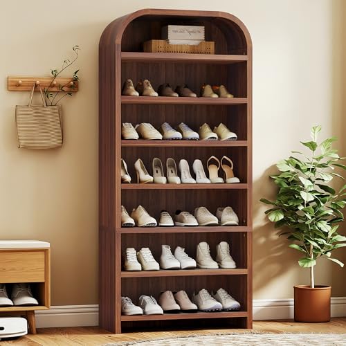 weselon 70" Tall Arched Shoe Cabinet for Entryway, 7-Tier Large Capacity Shoe Storage Organizer for 28 Pairs, Freestanding Wooden Rack with Adjustable Shelves for Boots, Sneakers & Heels (Walnut) - color: Walnut