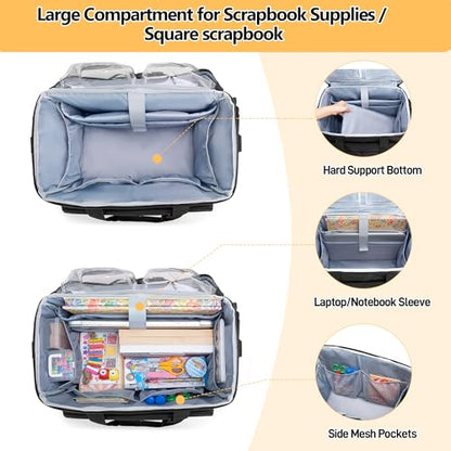 Trunab Rolling Scrapbook Tote with File Pocket & Trolley, Craft Organizer | Expandable File Pocket, Detachable Trolley, Padded Sleeves for 15.6" Laptop, Scrapbooking Supplies & Art Tools - color: Black