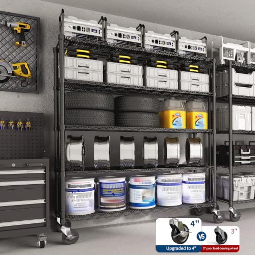 Garvee Storage Shelves, 5-Tier Metal Shelving Units with Wheels, 73" H x 59" W x 17.1" D, 3300 LBS Heavy Duty Wire Shelving Rolling Rack for Garage Kitchen Home Basement, Adjustable, Black - size: 73"H x 59"W x 17.1"D(5-Tier)