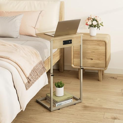 Vagusicc C Shaped End Table with Charging Station, Adjustable Height Side Table for Couch, Small Side Table, 33.2'' Tall Couch Tables that Slide Under, Tv Tray End Table for Living Room, Natural - color: Natural (1 Pack), style: With Plug