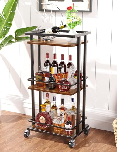 OKZEST 3 Tier Bar Cart for Home, Rolling Mini Liquor Bar for Wine Beverage Dinner Party, Utility Kitchen Storage Island Serving Cart on Wheels, Coffee Bar Cabinet for Kitchen Dining Living Room, Brown - color: Rustic Brown, size: 3-Tier (Bar Cart)