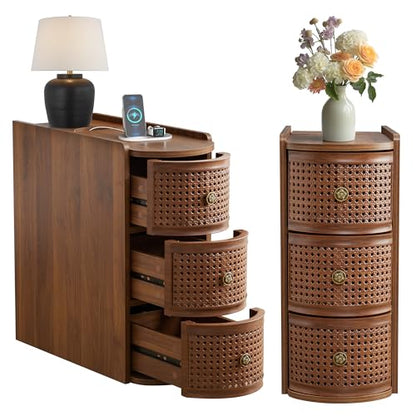 Narrow End Table Set of 2, Metal Rattan Side Table with Storage, Narrow Charging Nightstand with 3 Drawer for Bedroom Bedside, Living Room Couch Sofa, Desk Side Table for Small Spaces - Walnut - size: Drawer Walnut-set