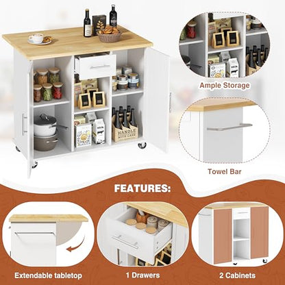 JY QAQA 42" Rolling Kitchen Island Cart with Storage, Drop Leaf Countertop, Drawers & Towel Rack, Mobile Kitchen Table on Wheels for Kitchen Dining Room, White - color: White