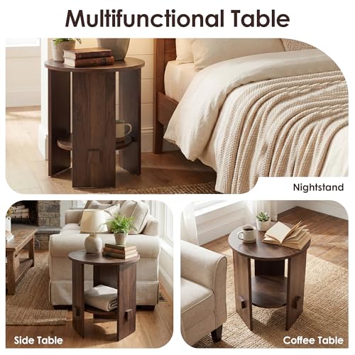 Round End Table with 2-Tier Storage Set of 2, 15.5” Small Side Table for Living Room, Modern Nightstand with Open Shelf, Compact Accent Table for Bedroom, Sofa Side, Small Spaces (Walnut) - color: Walnut