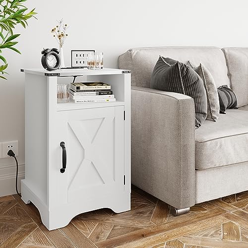 FansaFurn Farmhouse End Table with Charging Station for Bedroom | White Rustic Nightstands with Storage Cabinet and Shelf for Living Room, Living Room - color: White, size: 16" D x 16" W x 25" H (Set of 1)