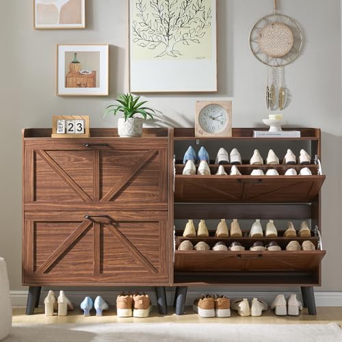 LEYAOYAO Shoe Cabinet Storage for Entryway with 2 Flip Drawers Rack Narrow Organizer Slim Hidden Wood Shoe Cabinet Furniture Walnut - color: Walnut