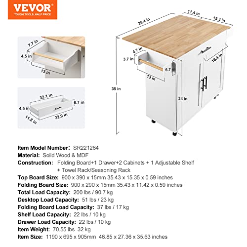 VEVOR Kitchen Island Cart with Solid Wood Top, 35.4" Width Mobile Carts with Storage Cabinet, Rolling Kitchen Table with Spice Rack, Towel Rack, Drop Leaf and Drawer, Portable Islands on Wheels, White - size: 35.4" W Drop Leaf, style: 1 Drawers & 2 Doors