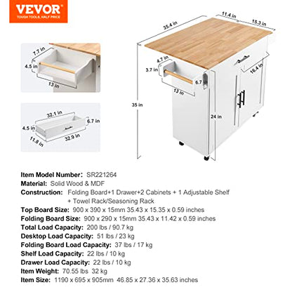 VEVOR Kitchen Island Cart with Solid Wood Top, 35.4" Width Mobile Carts with Storage Cabinet, Rolling Kitchen Table with Spice Rack, Towel Rack, Drop Leaf and Drawer, Portable Islands on Wheels, White - size: 35.4" W Drop Leaf, style: 1 Drawers & 2 Doors