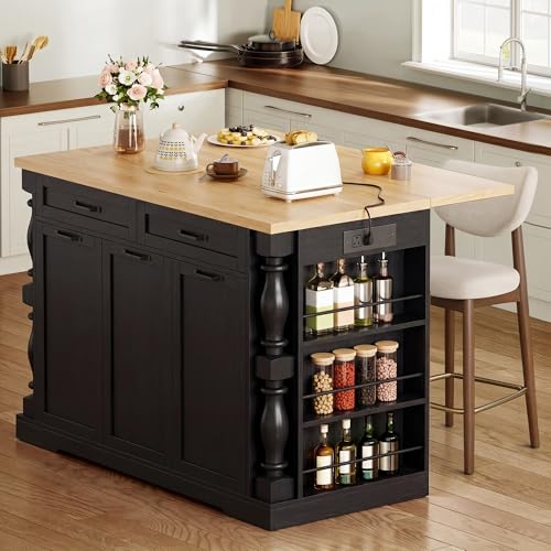 Island for Kitchen, 47.6"x20" Farmhouse Rolling Kitchen Island with Drop Leaf & Spice Rack, Coffee Cart Breakfast Bar Table Storage & Trash Bin Islands Table with Power Outlet for Dining Room - color: Black