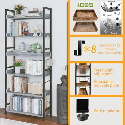 HCHQHS 6 Tier Bookshelf, Adjustable Industrial Bookcase, Vertical Tall Book Shelf, Wood and Black Metal Open Bookshelves for Home Office, Living Room, Bedroom - color: Grey, size: 6-Tier (24"W x 70"H)