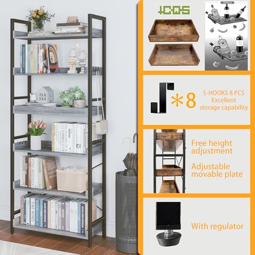 HCHQHS 6 Tier Bookshelf, Adjustable Industrial Bookcase, Vertical Tall Book Shelf, Wood and Black Metal Open Bookshelves for Home Office, Living Room, Bedroom - color: Grey, size: 6-Tier (24"W x 70"H)