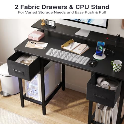 Furnify 42 Inch Computer Desk with Fabric Drawers & USB Power Outlet, Black | Built-In USB Charging Station, Study Writing Table with Monitor Stand, Multifunctional Workstation for Bedroom Studyroom - color: Black