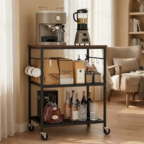 Homleke 3-Tier Rolling Kitchen Microwave Cart, Kitchen Utility Cart on Lockable Wheels, Coffee Bar Table Station with 6 S-Shaped Hooks, Small Appliance Storage Shelf, Rustic Brown and Black - color: Rustic Brown and Black, size: 3-Tier
