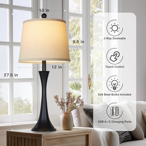 27.5" Black table Lamps for Living Room, Touch Control 3-Way Dimmable Bedside Nightstand Lamps Bedroom Lamp,Modern Black Table Lamp with USB A+C Ports,Tall Lamps for Living Room End Table（1Pack） - color: Black (1 Pack)