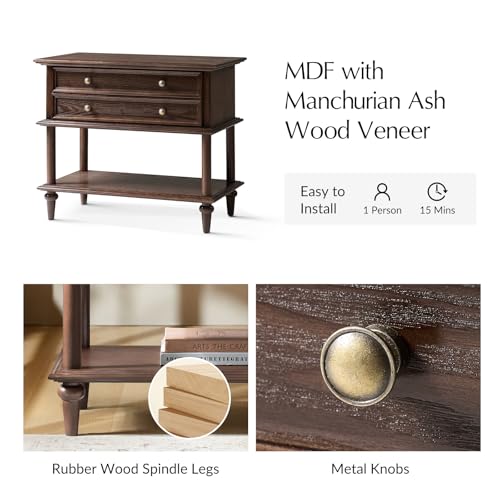 HULALA HOME Farmhouse Nightstand Set of 2 with Drawer & Open Shelf, Natural Wood End Table with Solid Wood Legs, 28.4'' Wide Sofa Side Table with Charging Station(Walnut) - color: Walnut-s2