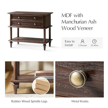 HULALA HOME Farmhouse Nightstand Set of 2 with Drawer & Open Shelf, Natural Wood End Table with Solid Wood Legs, 28.4'' Wide Sofa Side Table with Charging Station(Walnut) - color: Walnut-s2