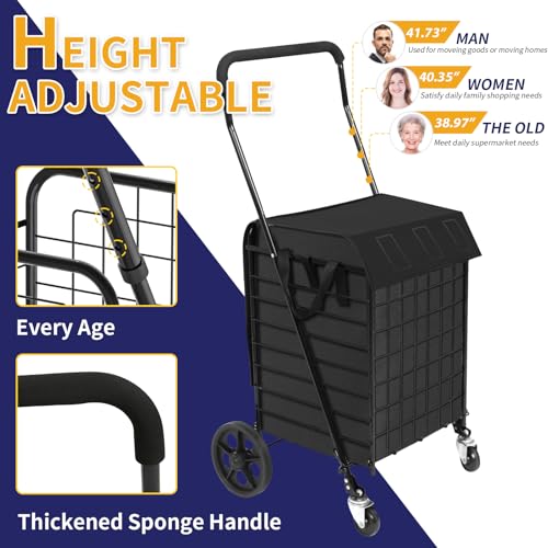 Kiffler Foldable Shopping Cart with Waterproof Basket Liner & 360° Swivel Wheels | Collapsible, Lightweigt| Perfect for Groceries, Laundry, Max 100 LBS Utility Cart for Seniors, Apartments - size: Medium+Bag