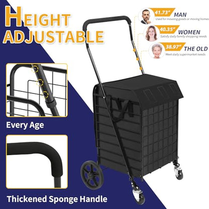 Kiffler Foldable Shopping Cart with Waterproof Basket Liner & 360° Swivel Wheels | Collapsible, Lightweigt| Perfect for Groceries, Laundry, Max 100 LBS Utility Cart for Seniors, Apartments - size: Medium+Bag