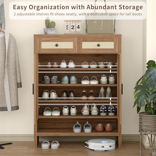 Yanosaku 46" Rattan Shoe Cabinet with 4 Adjustable Shelves & 2 Storage Drawers, Modern Boho Shoe Organizer with Large Tabletop & Open Lower Shelf, Entryway Hallway Cabinet for Shoes and Boots, Walnut