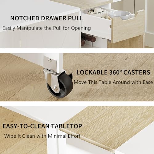 Folding Dining Table with 6 Wheels, Drop Leaf Tables for Small Spaces, Foldable Dining Table with 2-Layer Storage Rack, Kitchen Table with Drawer (White and Oak) - color: White