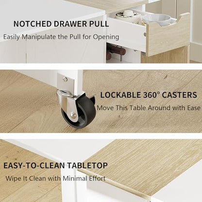 Folding Dining Table with 6 Wheels, Drop Leaf Tables for Small Spaces, Foldable Dining Table with 2-Layer Storage Rack, Kitchen Table with Drawer (White and Oak) - color: White