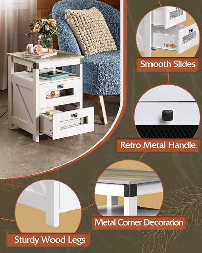 WLIVE Nightstand with Charging Station, Farmhouse End Table, Bed Side Table with 2 Storage Drawers and Open Shelf, Wood Rustic Nightstands for Bedroom, White and Greige - color: Greige and White, style: Farmhouse