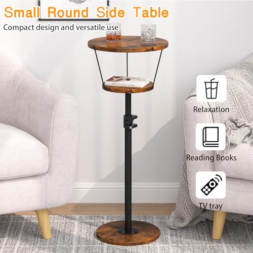 Small Side Table, 2 Tier Drink Table, Height Adjustable Round End Table, Pedestal Side Table for Small Spaces in Living Room, Bedroom, Brown - color: Brown-2 Tier