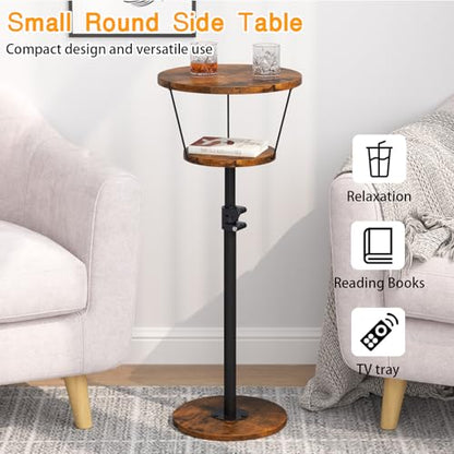 Small Side Table, 2 Tier Drink Table, Height Adjustable Round End Table, Pedestal Side Table for Small Spaces in Living Room, Bedroom, Brown - color: Brown-2 Tier