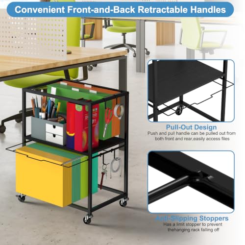 Sunexinlo Rolling File Cart for Letter/Legal Size 2-Tier,Hanging File Organizer, Pull-Out Mobile File Cabinet with 360° Wheels & 4 Hooks, Under Desk Filing Cabinets for Home Office, Black