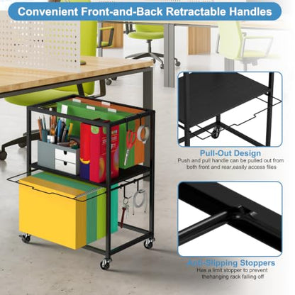 Sunexinlo Rolling File Cart for Letter/Legal Size 2-Tier,Hanging File Organizer, Pull-Out Mobile File Cabinet with 360° Wheels & 4 Hooks, Under Desk Filing Cabinets for Home Office, Black
