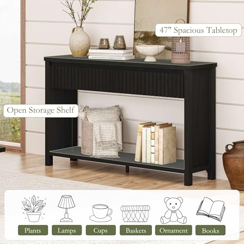 BON AUGURE Wood Console Table for Entryway, 47In Entryway Table with Storage, Narrow Sofa Tables with Drawers, Modern Black Couch Tables for Living Room, Black Oak - color: Black Oak