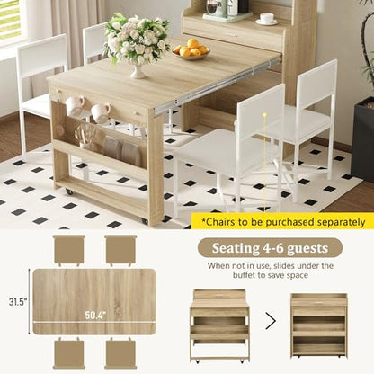 Spaco 2-in-1 Folding Dining Table and Buffet Cabinet Set,Compact Pull-Out Kitchen Table with Wheels,Storage Shelf and Side Hooks,Multifunctional Cupboard for Small Place (Oak) - color: Oak