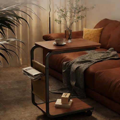 Side Table - C-Shaped End Table, Small Side Table for Couch, Sofa Bed Bathroom Study TV Tray C Shaped End Table Food Snack Trays for Eating (with Wheels) - style: With Wheels