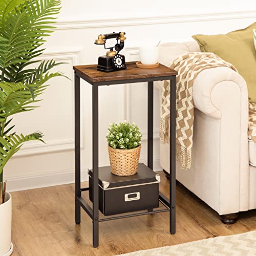 HOOBRO Tall Side Table, Industrial End Telephone Table with Adjustable Mesh Shelves, Small Tall Nightstand for Living Room, Bedroom, Entryway, Office, Rustic Brown and Black BF03DH01 - color: Rustic Brown + Black