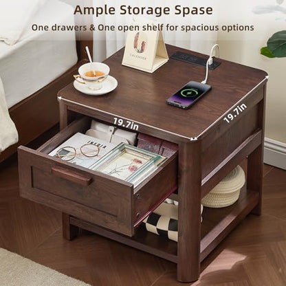 Joaxswe Farmhouse Side Table Set of 2 Living Room, Small Night Stand with 1 Drawers & Open Shelving & 4 Thickened Table Legs, Walnut - color: Walnut, size: Set of 2