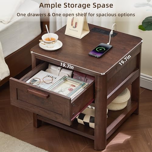 Joaxswe Farmhouse Side Tables Living Room, Small Nightstand with 1 Drawers & Open Shelving & 4 Thickened Table Legs, Walnut - color: Walnut, size: Single