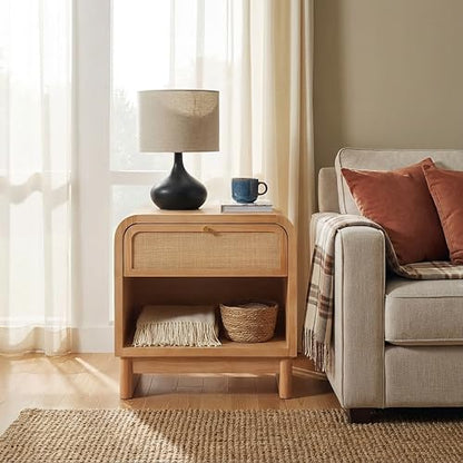 Christopher Knight Home Louisa Modern Nightstand with Open Shelf & Drawer, Wooden Small Night Stand, Bedside Table/End Table for Bedroom/Living Room, Storage Cabinet with Curved Design, Natural
