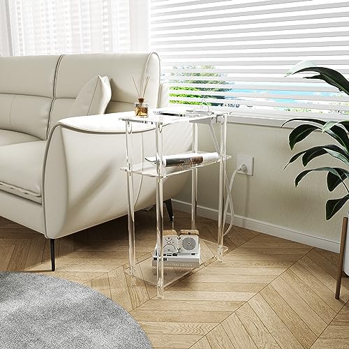 HMYHUM Acrylic Narrow Side Table with Charging Station, 7" Width, 3 Tier Small End Table for Small Spaces, Skinny Nightstand/Bedside Table with USB Ports & Outlet, Clear - size: 3-tier