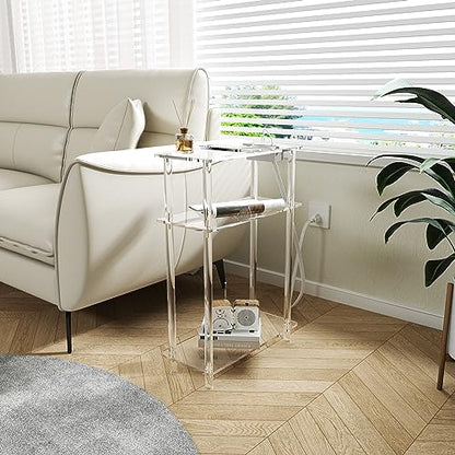 HMYHUM Acrylic Narrow Side Table with Charging Station, 7" Width, 3 Tier Small End Table for Small Spaces, Skinny Nightstand/Bedside Table with USB Ports & Outlet, Clear - size: 3-tier