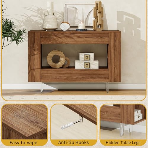 47" Console Table with Hidden Storage, Adjustable Shelves, Brown Wood Grain | Farmhouse sofa table for behind couch, living room, or hallway, entryway table with concealed cabinets & adjustable shelves - color: L-brown