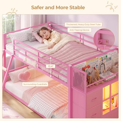 BTHFST Low Bunk Bed Twin Over Twin with 7 Large Fabric Drawers & Bookshelf, Metal Bunk Bed with RGB LED Lights & Slanted Ladder & Safety Guardrail, Space-Saving Kids Low Loft Bed Twin, Pink - color: Pink