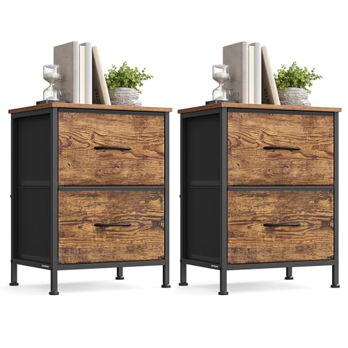SONGMICS BELLAH Collection - Dressers for Bedroom, Chest of Drawers, Nightstand, 2 Drawers, Storage Organizer Unit, Closet, Entryway, Set of 2, Industrial, Rustic Brown and Ink Black ULGS112KD03S - color: Rustic Brown + Ink Black, size: 2 Pack