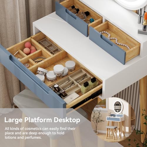 YOURLITE Small Makeup Vanity Desk with Lights, Compact Vanity Desk with Adjustable Brightness Mirror for Small Spaces, Dressing Table with Drawers and Storage Shelves, Grey - size: 24", style: Oval Mirror Grey with shelf