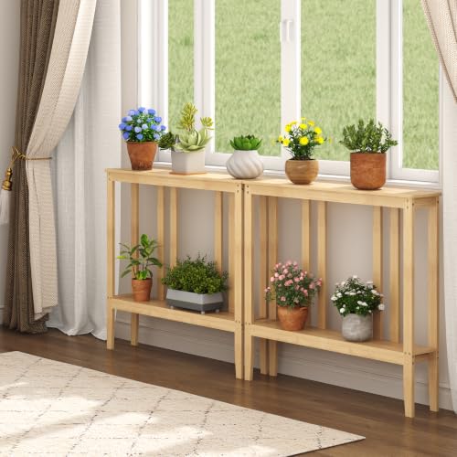 ELYKEN Bamboo 2-Tier Narrow Console Table, 36.2" Long Slim Hallway Table | Sofa Table Behind Couch with Storage Shelf for Entryway, Living Room, Foyer - color: Natural