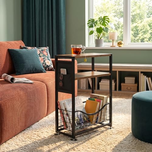 Skinny Side Table with Storage, 3 Tier Slim Side Tables for Small Spaces, Skinny End Table Narrow Bedside Table Narrow Side Table for Living Room, Bedroom - color: Rustic Brown