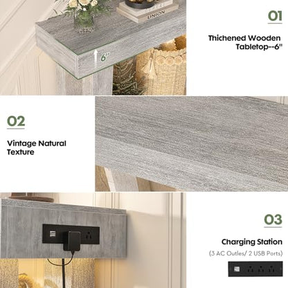Unikito 47" Entryway Table with Socket and Sensor Light, Narrow Console Table with Storage Behind Couch, Farmhouse Entry Way Tables with Open Storage for Entrance/Hallway/Living Room, White Oak | Narrow Console Table with Storage Behind Couch, Farmhouse F