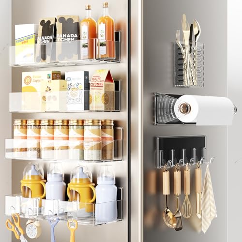Mystozer Magnetic Spice Rack for Refrigerator,7 Pack Magnetic Shelf,Fridge Magnet Organizer with Paper Towel Holder,Utensils Racks,Hook Rack,Fridge Organizers and Storage Clear(7 Pack) - color: Clear, size: 7 Pack