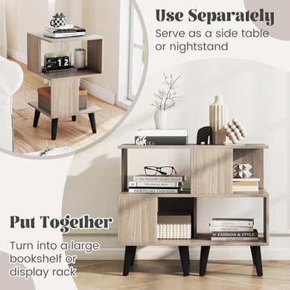 GOFLAME 3-Tier End Table Set of 2, Wood Sofa Side Table with Open Storage Shelves, Plastic Legs, Geometric Bedside Table, Modern Nightstand for Living Room, Bedroom, Small Spaces, Gray