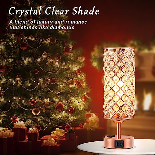 Hong-in Rose Gold Lamp Set of 2, 3-Way Crystal Table Lamp Touch Control with USB-C+A & AC Ports, Dimmable Nightstand Desk Light, Pink Bedside Table Lamp for Bedroom(Bulb Included & Set of 2) - color: Rose Gold